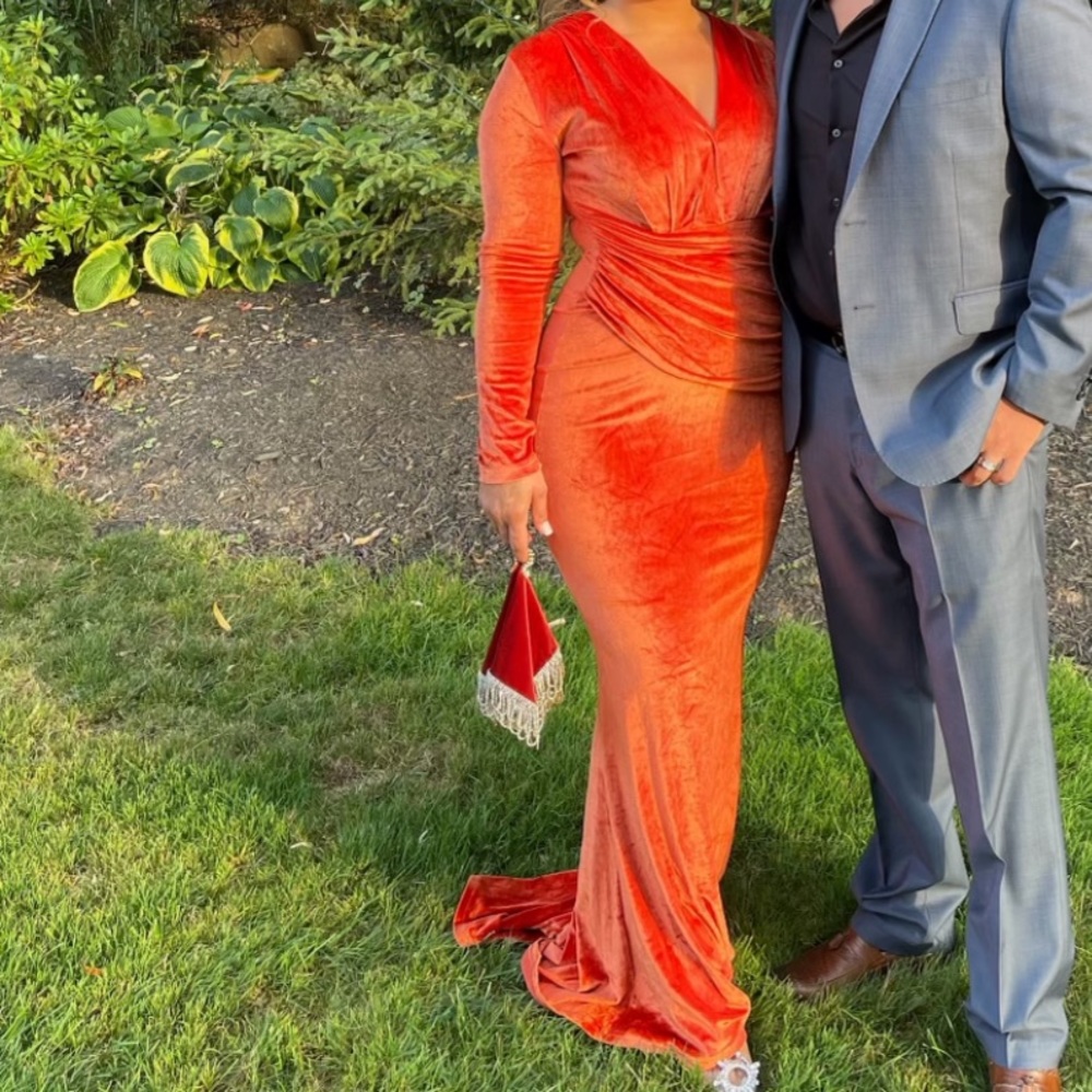 Orange velvet evening dress